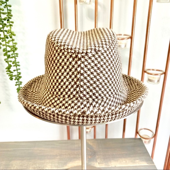 Houndstooth Wool Fedora Hat Brown & Cream - Picture 5 of 8